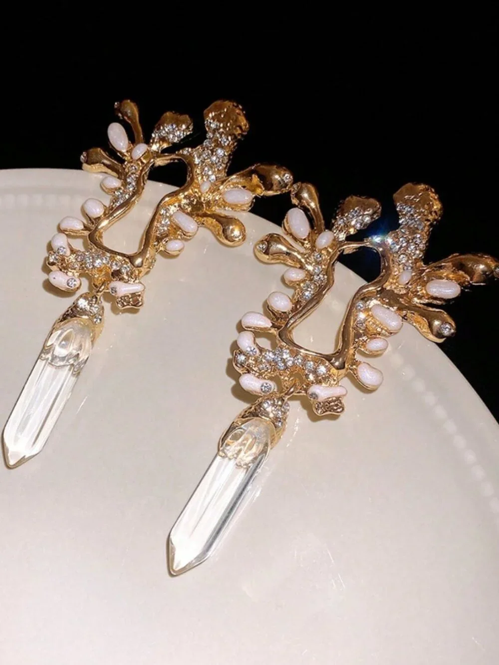 Gold Boho Women's Asymmetrical Key-Shaped Crystal Resin Long Stud Earrings